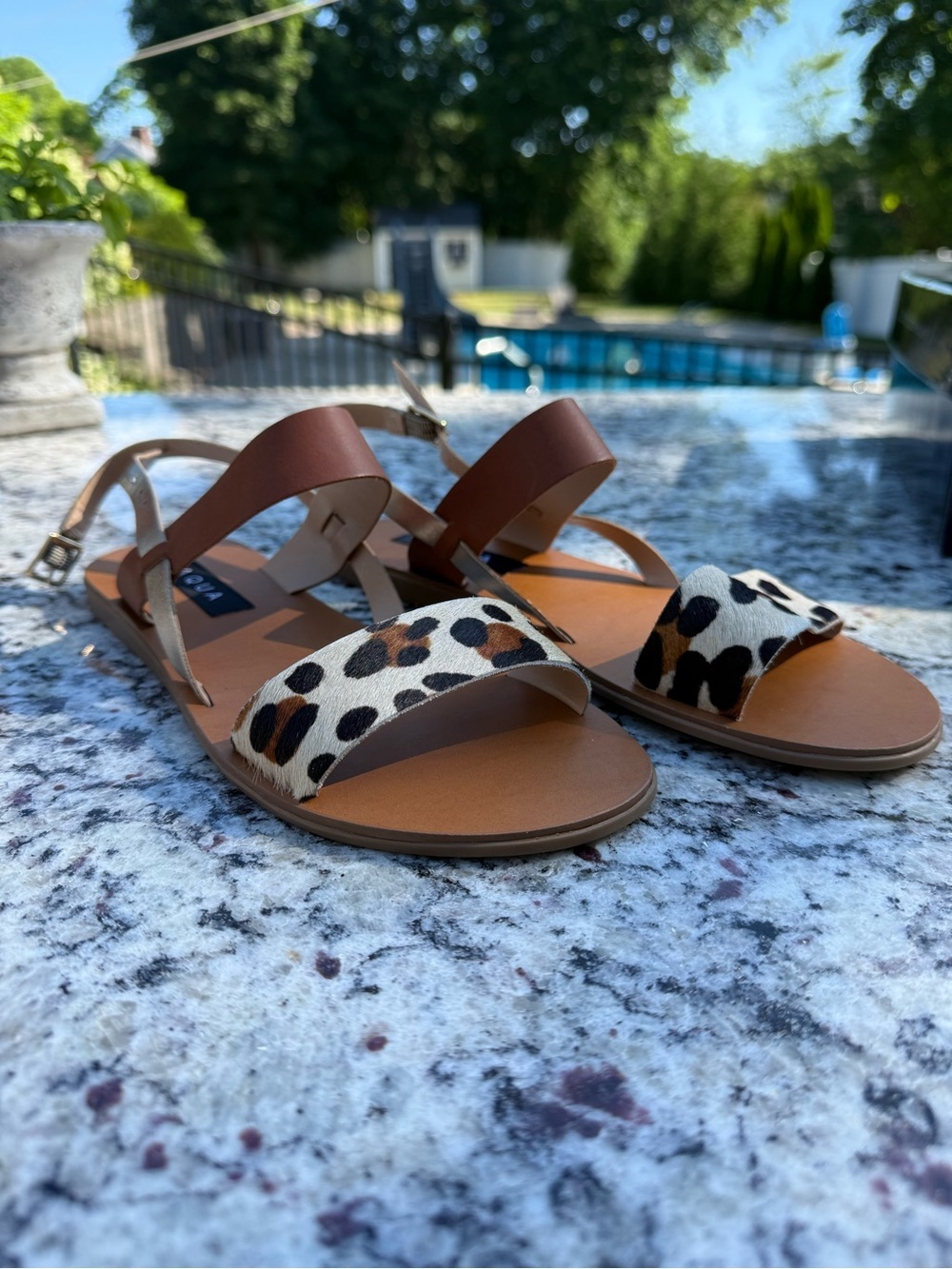 Aqua Brown Leather Sandals with Leopard-Print Front Strap